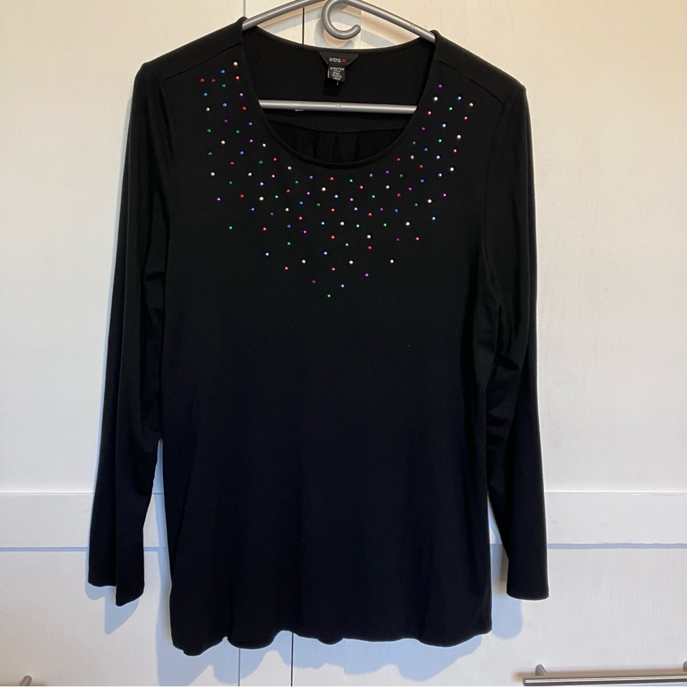 Intro Black Embellished Scoop Neck Long Sleeve Lightweight Sweater, PXL